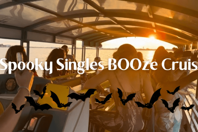People on a sunset boat cruise with 'Spooky Singles BOOze Cruise' text and bat graphics.